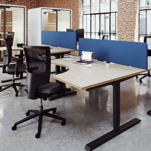 lifestyle image LEAP Electric Dual Motor Height Adjustable Radial Right Hand Sit Stand Desk Portal Top W1600xD1200/800xH620-1270mm Beech Top Black Frame 10 Year Warranty